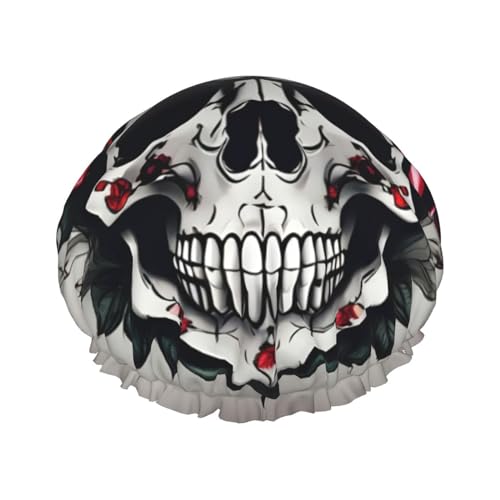 Duschhaube mit rotem Rosen-Totenkopf-Print, Bade-Duschhauben für Frauen mit langem Haar, doppellagige wasserdichte Bade-Duschhaube von HLBSDM