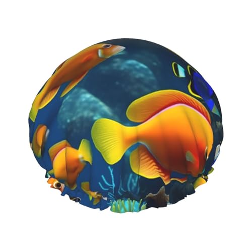 Duschhaube mit tropischem Fisch-Print „The Underwater World“, Bade-Duschhauben für Frauen mit langem Haar, doppellagiger wasserdichter Bade-Duschhut von HLBSDM