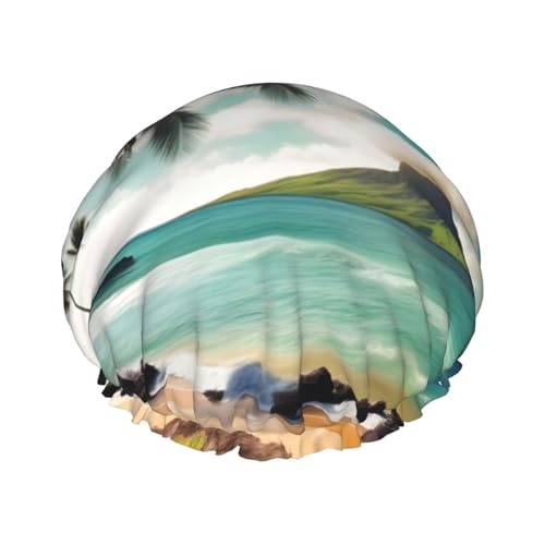 Duschhaube mit tropischem Strandpalmen-Print, Bade-Duschhauben für Frauen mit langem Haar, doppellagige wasserdichte Bade-Duschhaube von HLBSDM