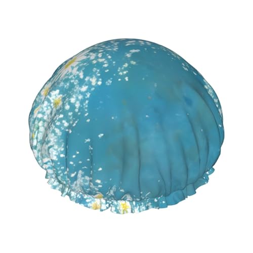 Duschhaube mit weiß-blauem Gänseblümchen-Print, Bade-Duschhauben für Frauen mit langen Haaren, doppellagige wasserdichte Bade-Duschmütze von HLBSDM