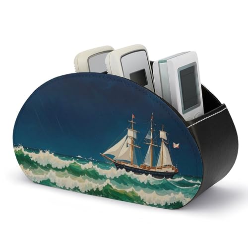 Fernbedienungshalter im Vintage-Stil mit Segelboot-Motiv von Stormy Waves, Aufbewahrungsbox für TV-Fernbedienungen, Schreibtisch-Organizer aus Leder, Stifthalter aus PU, Schreibwaren-Organizer für von HLBSDM