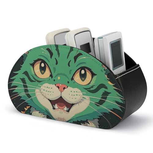 Fernbedienungshalter mit Anime-Grünkatze, Aufbewahrungsbox für TV-Fernbedienungen, Schreibtisch-Organizer aus Leder, Stifthalter aus PU, Schreibwaren-Organizer für Wohnzimmer und Büro (5 Fächer) von HLBSDM