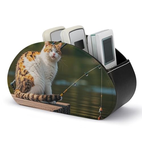 Fernbedienungshalter mit Fischkatzen-Motiv, Aufbewahrungsbox für TV-Fernbedienungen, Schreibtisch-Organizer aus Leder, Stifthalter aus PU, Schreibwaren-Organizer für Wohnzimmer und Büro (5 Fächer) von HLBSDM