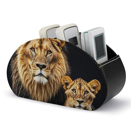 Fernbedienungshalter mit Löwe-Mutter und jungem Löwen, Aufbewahrungsbox für TV-Fernbedienungen, Schreibtisch-Organizer aus Leder, Stifthalter aus PU, Schreibwaren-Organizer für Wohnzimmer und Büro von HLBSDM