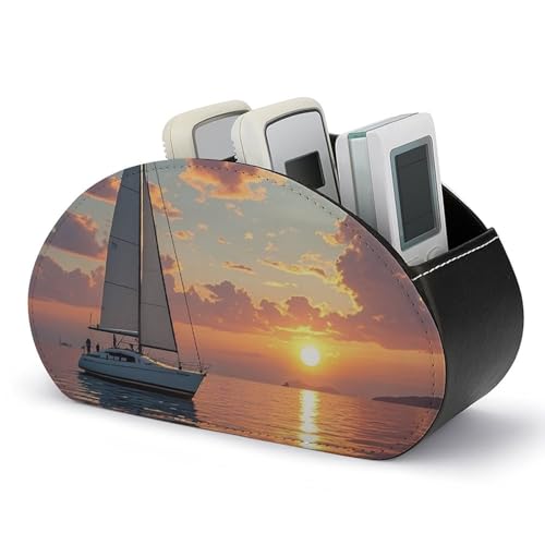 Fernbedienungshalter mit Segelboot- und Sonnenuntergangsmotiv, Aufbewahrungsbox für TV-Fernbedienungen, Schreibtisch-Organizer aus Leder, Stifthalter aus PU, Schreibwaren-Organizer für Wohnzimmer u von HLBSDM