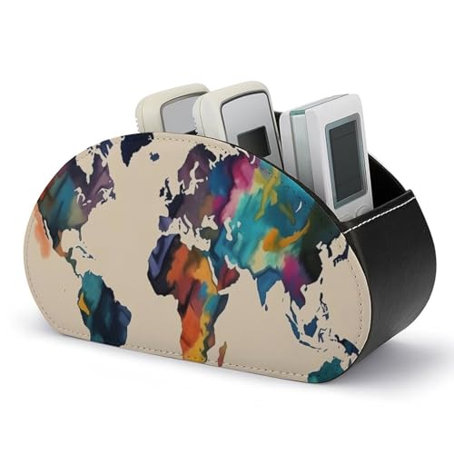 Fernbedienungshalter mit abstrakter Weltkarte, Aufbewahrungsbox für TV-Fernbedienungen, Schreibtisch-Organizer aus Leder, Stifthalter aus PU, Schreibwaren-Organizer für Wohnzimmer und Büro (5 Fäche von HLBSDM