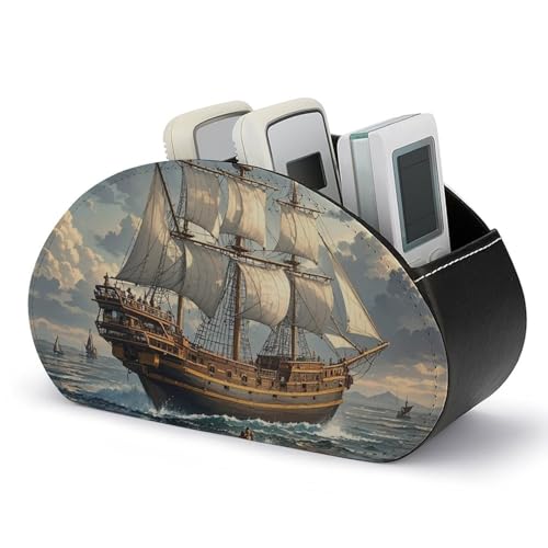 Fernbedienungshalter mit nautischem Segel-Piratenschiff, Aufbewahrungsbox für TV-Fernbedienungen, Schreibtisch-Organizer aus Leder, Stifthalter aus PU, Schreibwaren-Organizer für Wohnzimmer und Bür von HLBSDM