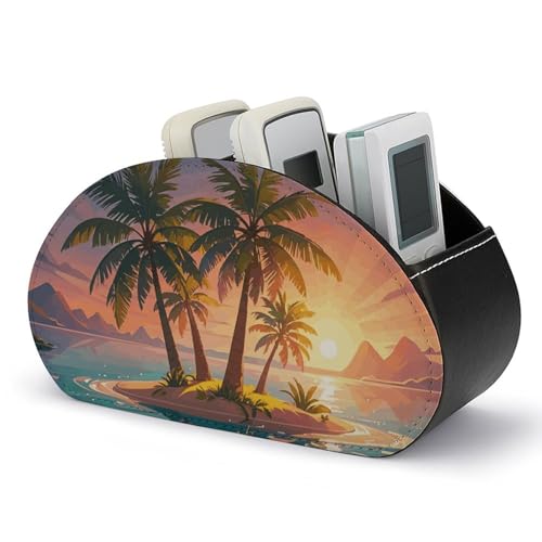 Fernbedienungshalter mit tropischer Palmeninsel im Sonnenaufgang-Stil, Aufbewahrungsbox für TV-Fernbedienungen, Schreibtisch-Organizer aus Leder, Stifthalter aus PU, Schreibwaren-Organizer für Wohn von HLBSDM