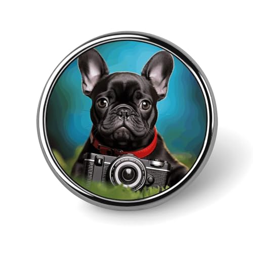 Französischer Bulldoggenwelpe mit Kamera, runder Anstecker für Männer und Frauen, langlebige, stilvolle Anstecknadeln, leichte Metallanstecker für Hemden, Jacken und Hüte von HLBSDM