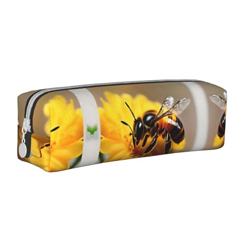 HLBSDM Federmäppchen aus Leder mit Reißverschluss und Honigbiene und Blume, großes Fassungsvermögen, langlebig, praktisch und tragbar von HLBSDM