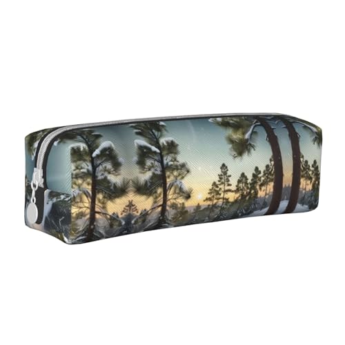 HLBSDM Federmäppchen aus Leder mit Reißverschluss und Kiefernnadelbaum-Winterlandschaftsdruck, große Kapazität, langlebig, praktisch und tragbar von HLBSDM