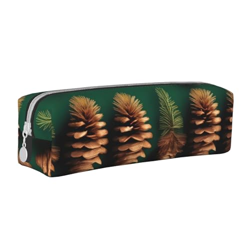 HLBSDM Federmäppchen aus Leder mit Reißverschluss und Kiefernzapfenrand, große Kapazität, langlebig, praktisch und tragbar von HLBSDM