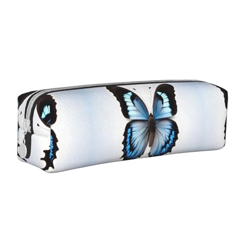 HLBSDM Federmäppchen aus Leder mit Reißverschluss und blauem Schmetterling, große Kapazität, langlebig, praktisch und tragbar von HLBSDM