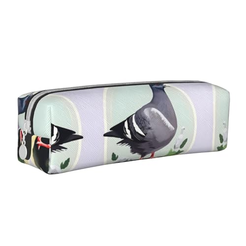 HLBSDM Federmäppchen aus Leder mit Reißverschluss und grauem Taubenmuster, großes Fassungsvermögen, langlebig, praktisch und tragbar von HLBSDM