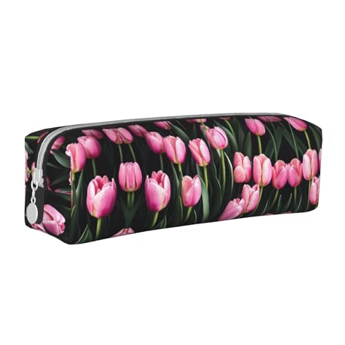HLBSDM Federmäppchen aus Leder mit Reißverschluss und rosa Tulpen, großes Fassungsvermögen, langlebig, praktisch und tragbar von HLBSDM