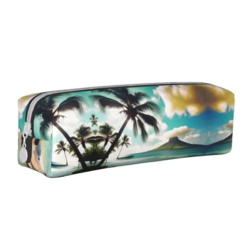 HLBSDM Federmäppchen aus Leder mit Reißverschluss und tropischem Strandpalmenmuster, große Kapazität, langlebig, praktisch und tragbar von HLBSDM