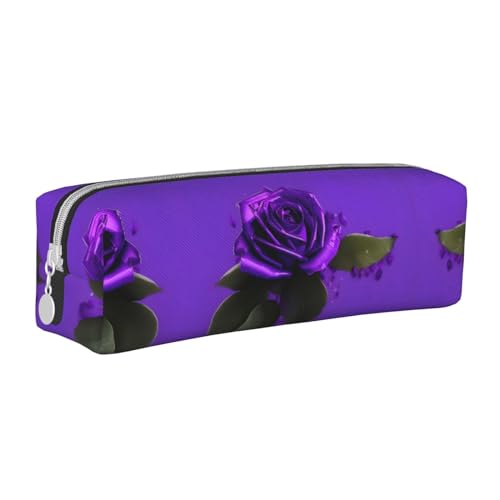 HLBSDM Federmäppchen aus Leder mit Reißverschluss und violettem Rosendruck, große Kapazität, langlebig, praktisch und tragbar von HLBSDM