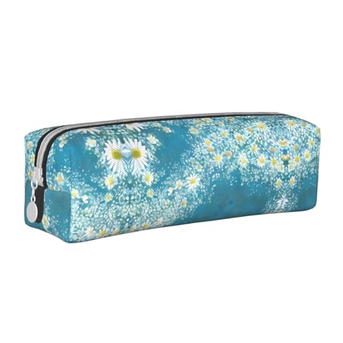HLBSDM Federmäppchen aus Leder mit Reißverschluss und weißem und blauem Gänseblümchenmuster, großes Fassungsvermögen, langlebig, praktisch und tragbar von HLBSDM