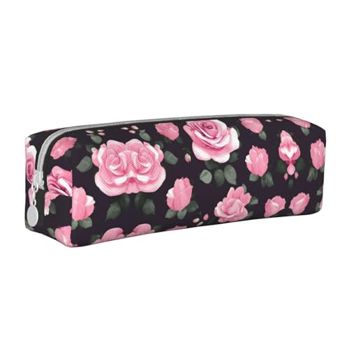 HLBSDM Federmäppchen mit Blumenmuster, rosafarbenes Leder, mit Reißverschluss, großes Fassungsvermögen, langlebig, praktisch und tragbar von HLBSDM