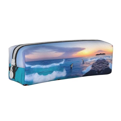 HLBSDM Federmäppchen mit Reißverschluss aus Leder mit Pinguin- und Meeresmotiv, große Kapazität, langlebig, praktisch und tragbar von HLBSDM
