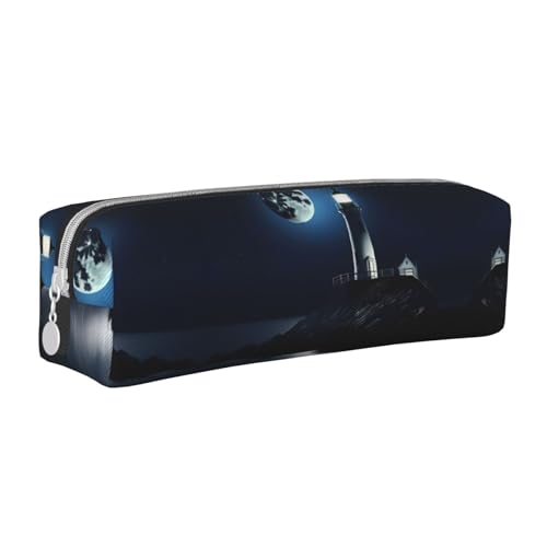 HLBSDM Federmäppchen mit Reißverschluss aus Leder mit großem Fassungsvermögen, Moonlight Lighthouse, langlebig, praktisch und tragbar von HLBSDM