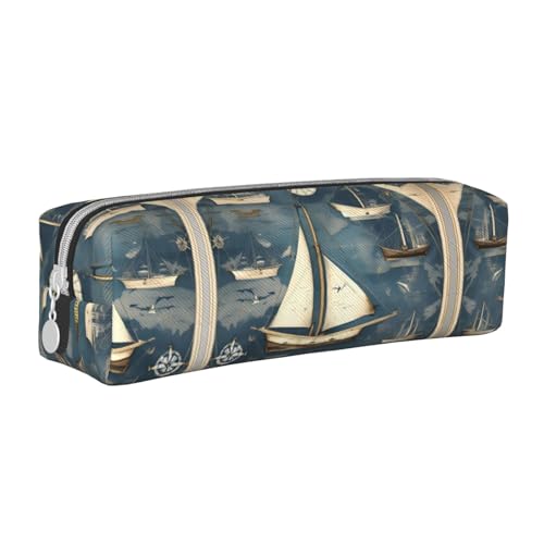 HLBSDM Federmäppchen mit nautischem Segelboot-Landkarten-Motiv, Leder, mit Reißverschluss, großer Kapazität, langlebig, praktisch und tragbar von HLBSDM