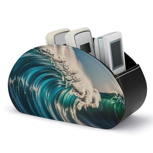 HLBSDM Fernbedienungshalter mit Meereswellen, Aufbewahrungsbox für TV-Fernbedienungen, Schreibtisch-Organizer aus Leder, Stifthalter aus PU, Schreibwaren-Organizer für Wohnzimmer und Büro (5 Fächer) von HLBSDM