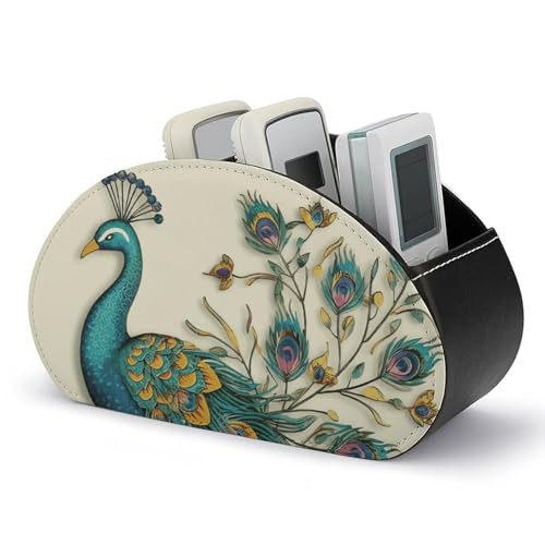 HLBSDM Fernbedienungshalter mit Pfauenmuster, Aufbewahrungsbox für TV-Fernbedienungen, Schreibtisch-Organizer aus Leder, Stifthalter aus PU, Schreibwaren-Organizer für Wohnzimmer und Büro (5 Fächer) von HLBSDM