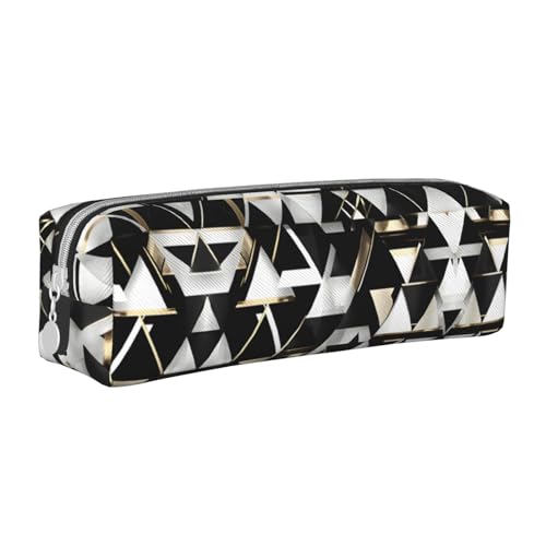 HLBSDM Modisches, modernes Federmäppchen aus Leder in Schwarz-Weiß-Gold mit dreieckigem Reißverschluss und großem Fassungsvermögen, langlebig, praktisch und tragbar von HLBSDM