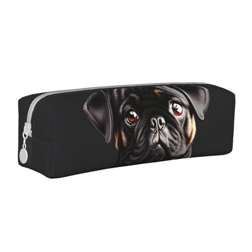 HLBSDM Niedlicher schwarzer Mops-Hund-Standard-Scale-2_00x Federmäppchen aus Leder mit Reißverschluss und großem Fassungsvermögen, langlebig, praktisch und tragbar von HLBSDM