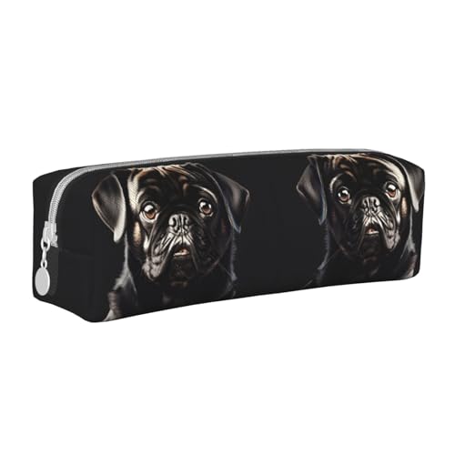 HLBSDM Niedliches Federmäppchen aus Leder mit Reißverschluss und schwarzem Mops, großes Fassungsvermögen, langlebig, praktisch und tragbar von HLBSDM