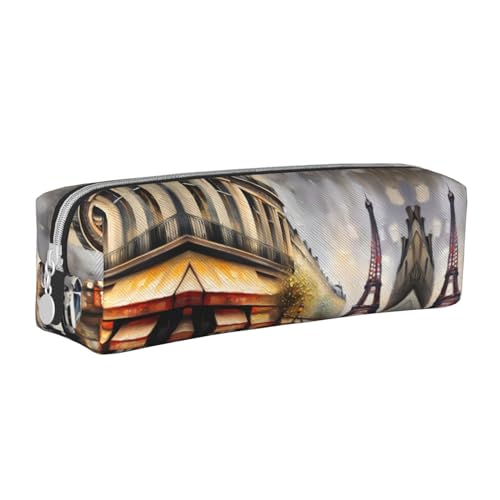 HLBSDM Ölgemälde Pariser Straßenszene Eiffelturm Federmäppchen aus Leder mit Reißverschluss und großem Fassungsvermögen, langlebig, praktisch und tragbar von HLBSDM