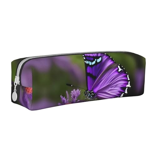 HLBSDM Schönes Federmäppchen aus Leder mit Reißverschluss in Lila mit Schmetterlingsmotiv und großem Fassungsvermögen, langlebig, praktisch und tragbar von HLBSDM