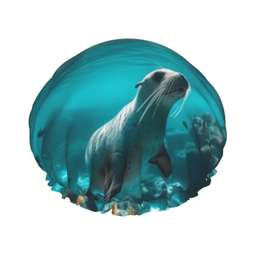 Haarhaube zum Duschen – Sunshine Blue Ocean Seal Doppellagige Duschhaube, wiederverwendbar, wasserabweisend, große Duschhaube für Damen, Haarhaube zum Duschen mit PEVA-Futter und elastischem Seil von HLBSDM