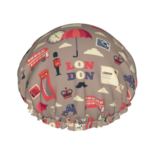 Haarhaube zum Duschen – doppellagige Duschhaube mit Londoner Stempelmuster, wiederverwendbar, wasserabweisend, große Duschhaube für Damen, Haarhaube zum Duschen mit PEVA-Futter und elastischem Seil von HLBSDM