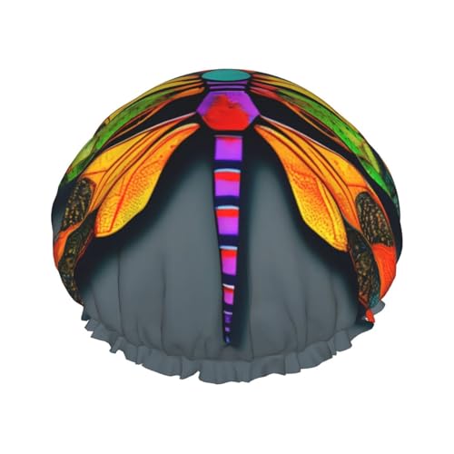 Niedliche Duschhaube mit Libellen-Print, Bade-Duschhauben für Frauen mit langem Haar, doppellagige wasserdichte Bade-Duschhaube von HLBSDM