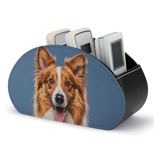 Niedlicher Fernbedienungshalter mit Collie-Hund, Aufbewahrungsbox für TV-Fernbedienungen, Schreibtisch-Organizer aus Leder, Stifthalter aus PU, Schreibwaren-Organizer für Wohnzimmer und Büro (5 Fäc von HLBSDM