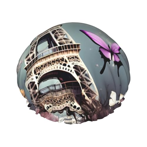 Romantische Duschhaube mit Pariser Schmetterlings-Eiffeldruck, Bade-Duschhauben für Frauen mit langem Haar, doppellagige wasserdichte Bade-Duschhaube von HLBSDM