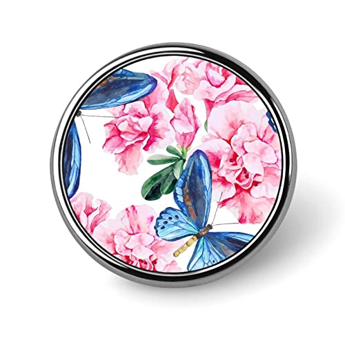 Rosa Azalee und blaue Schmetterlinge, kleiner runder Knopf, personalisierte Metallkreis-Abzeichen, Kunsthandwerk von HLBSDM