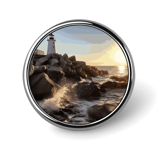 Runder Anstecker mit Leuchtturm-Felsen am Meer für Männer und Frauen, langlebige, stilvolle Anstecknadeln, leichte Metallanstecker für Hemden, Jacken, Hüte von HLBSDM