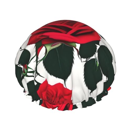 Rustikale Duschhaube mit rotem Rosendruck, Bade-Duschhauben für Frauen mit langen Haaren, doppellagige wasserdichte Bade-Duschmütze von HLBSDM