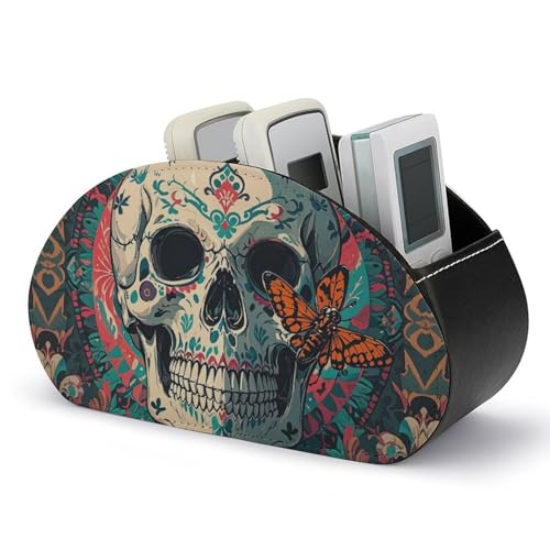 Skelett-Todesmotte-Fernbedienungshalter, Aufbewahrungsbox für TV-Fernbedienungen, Schreibtisch-Organizer aus Leder, Stifthalter aus PU, Schreibwaren-Organizer für Wohnzimmer und Büro (5 Fächer) von HLBSDM