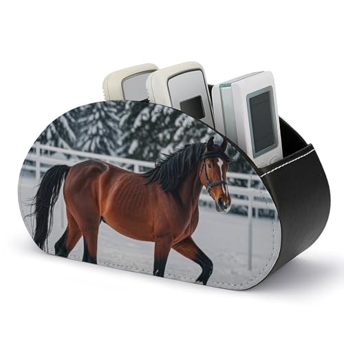 Sportpferde im Schnee, Winter-Fernbedienungshalter, Aufbewahrungsbox für TV-Fernbedienungen, Schreibtisch-Organizer aus Leder, Stifthalter aus PU, Schreibwaren-Organizer für Wohnzimmer und Büro (5 von HLBSDM