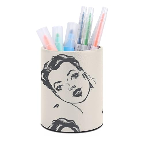 Stifthalterständer für den Schreibtisch, Bleistifthalter, Schreibtisch-Organizer, Cartoon-Frauengesicht, Leder, Stiftebecher, Schreibwaren-Organizer, Aufbewahrungsbox für Kunstbedarf, Caddy für Bür von HLBSDM