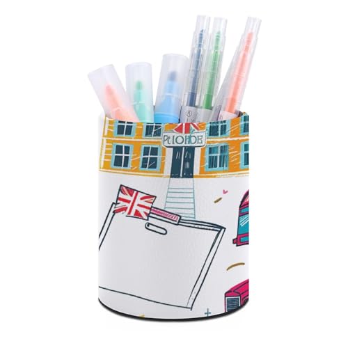Stifthalterständer für den Schreibtisch, Stifthalter, Schreibtisch-Organizer, London-Elemente-Muster, Leder, Stiftebecher, Schreibwaren-Organizer, Aufbewahrungsbox für Kunstbedarf, Caddy für Büro u von HLBSDM