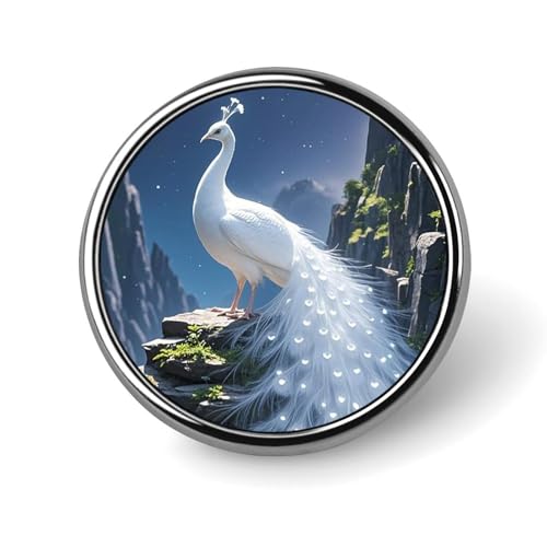 Weißer Pfau und Mond, runder Anstecker für Männer und Frauen, langlebige, stilvolle Anstecknadeln, leichte Metallanstecker für Hemden, Jacken, Hüte von HLBSDM