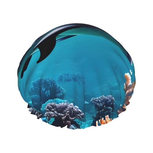 Wunderschöne Duschhaube mit Delfinen und Korallenmuster in der Unterwasserwelt, Bade-Duschhauben für Frauen mit langem Haar, doppellagiger wasserdichter Bade-Duschhut von HLBSDM