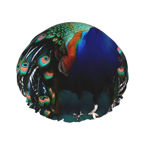Wunderschöne Duschhaube mit Pfauen-Print, Bade-Duschhauben für Frauen mit langem Haar, doppellagiger wasserdichter Bade-Duschhut von HLBSDM