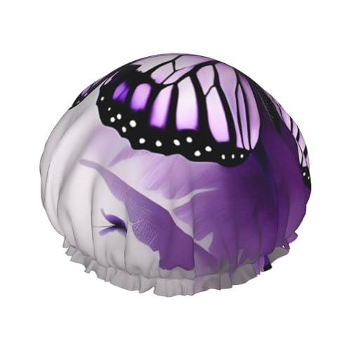 Wunderschöne lila Schmetterlings-Kunstdruck-Duschhaube, Bade-Duschhauben für Frauen mit langen Haaren, doppellagige wasserdichte Bade-Duschhaube von HLBSDM