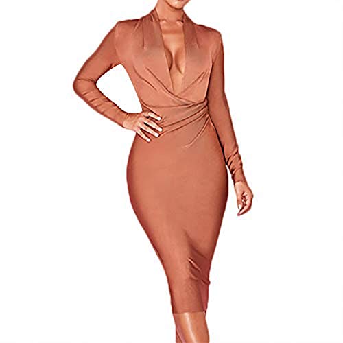 HLBandage Damen Langarm Tiefer Rundhalsausschnitt Bandage Kleid - Braun - X-Klein von HLBandage